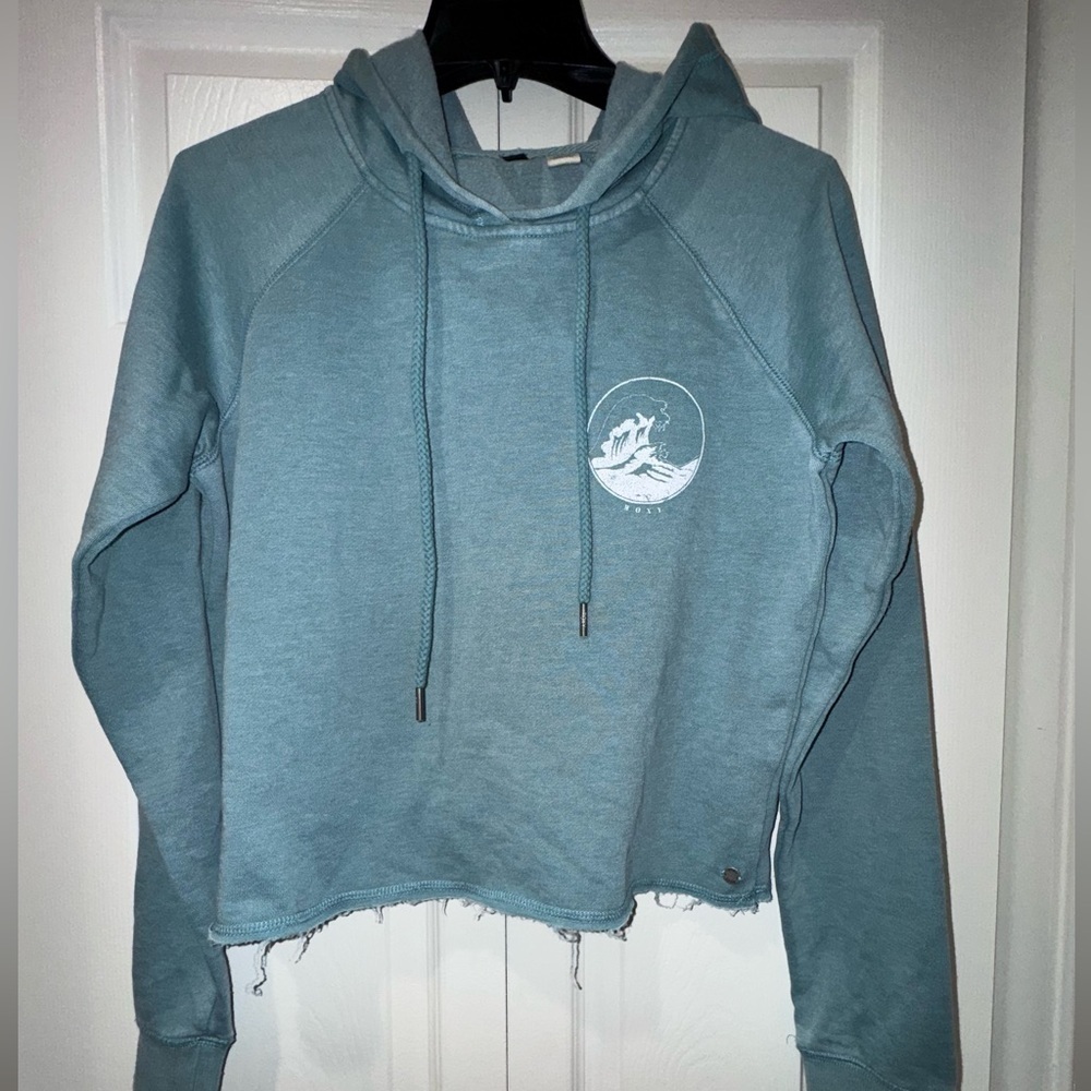 Junior's Roxy Cropped Sweater With Hoodie Blue Beach Surfer. Sz Jr L